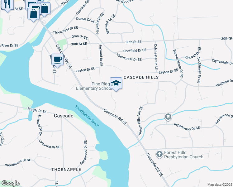 map of restaurants, bars, coffee shops, grocery stores, and more near 3250 Redford Avenue Southeast in Grand Rapids