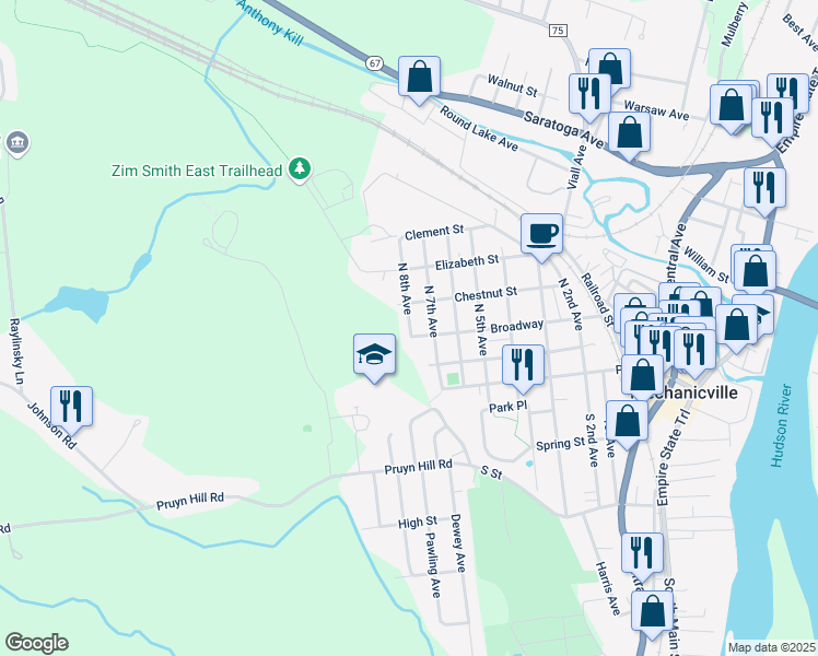 map of restaurants, bars, coffee shops, grocery stores, and more near 111 North 8th Avenue in Mechanicville