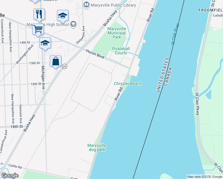 map of restaurants, bars, coffee shops, grocery stores, and more near 1660 River Road in Marysville