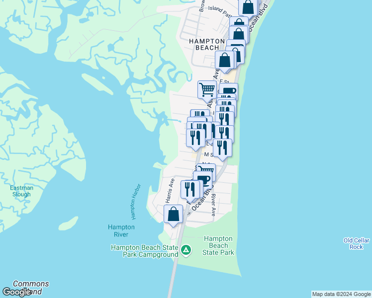 map of restaurants, bars, coffee shops, grocery stores, and more near 12 Riverview Terrace in Hampton