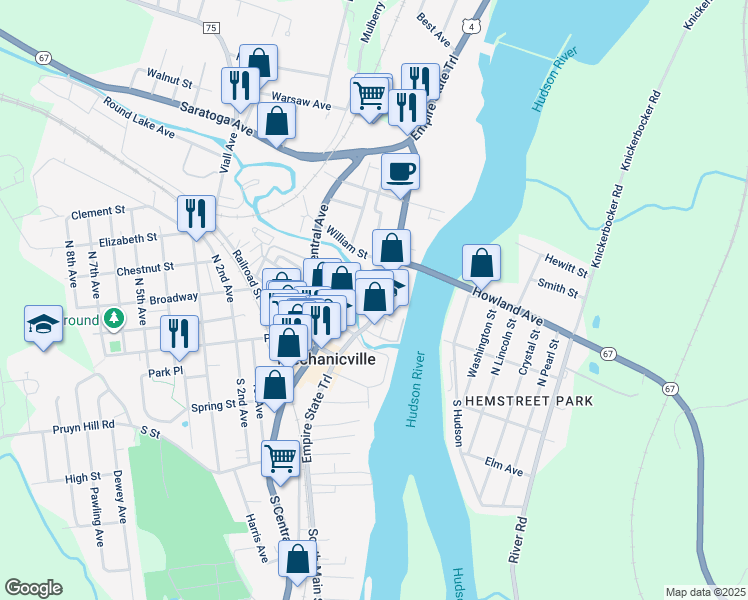 map of restaurants, bars, coffee shops, grocery stores, and more near 54 North Main Street in Mechanicville