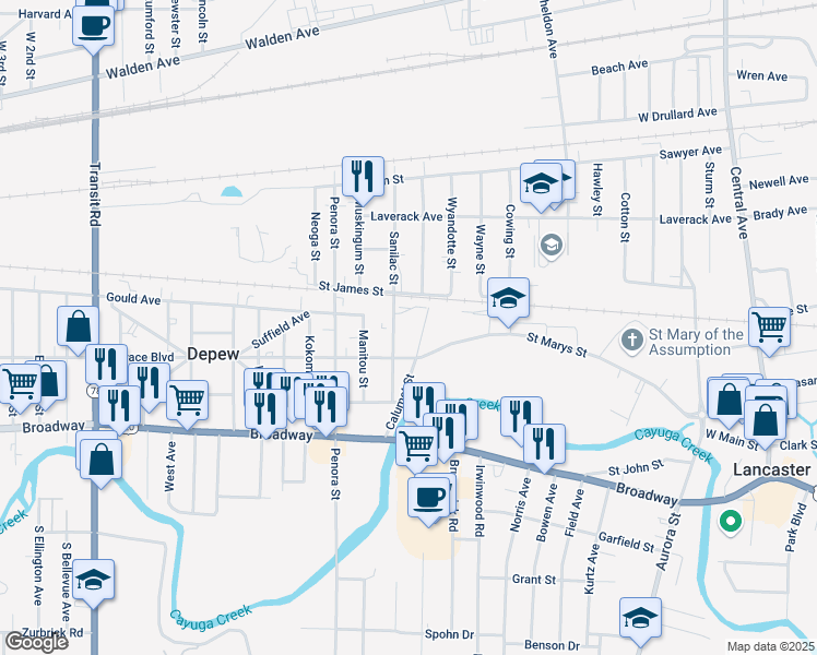 map of restaurants, bars, coffee shops, grocery stores, and more near 120 Calumet Street in Depew