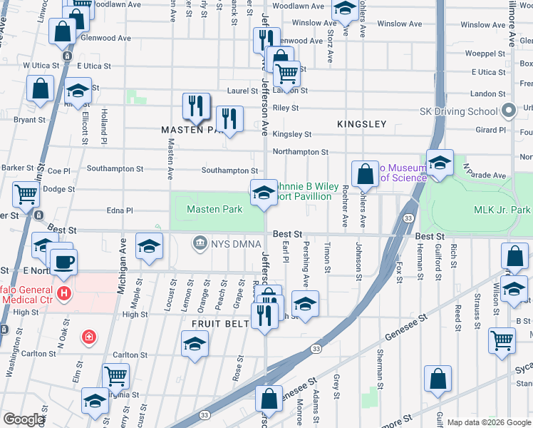 map of restaurants, bars, coffee shops, grocery stores, and more near 1097 Jefferson Ave in Buffalo