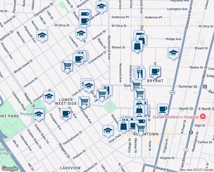 map of restaurants, bars, coffee shops, grocery stores, and more near 92 Richmond Avenue in Buffalo