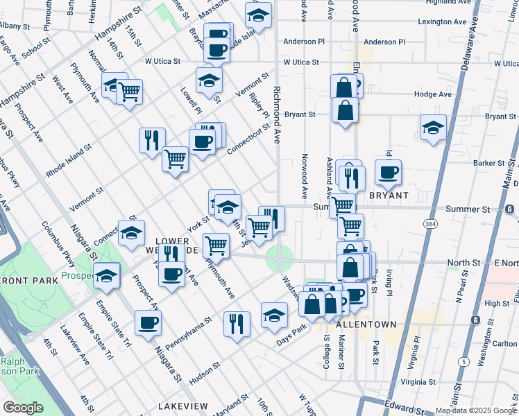 map of restaurants, bars, coffee shops, grocery stores, and more near 33 Ketchum Place in Buffalo
