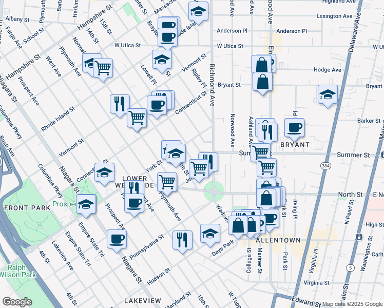 map of restaurants, bars, coffee shops, grocery stores, and more near 33 Ketchum Place in Buffalo