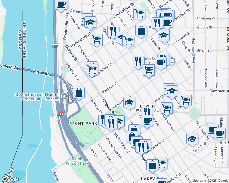 map of restaurants, bars, coffee shops, grocery stores, and more near 296 Fargo Avenue in Buffalo