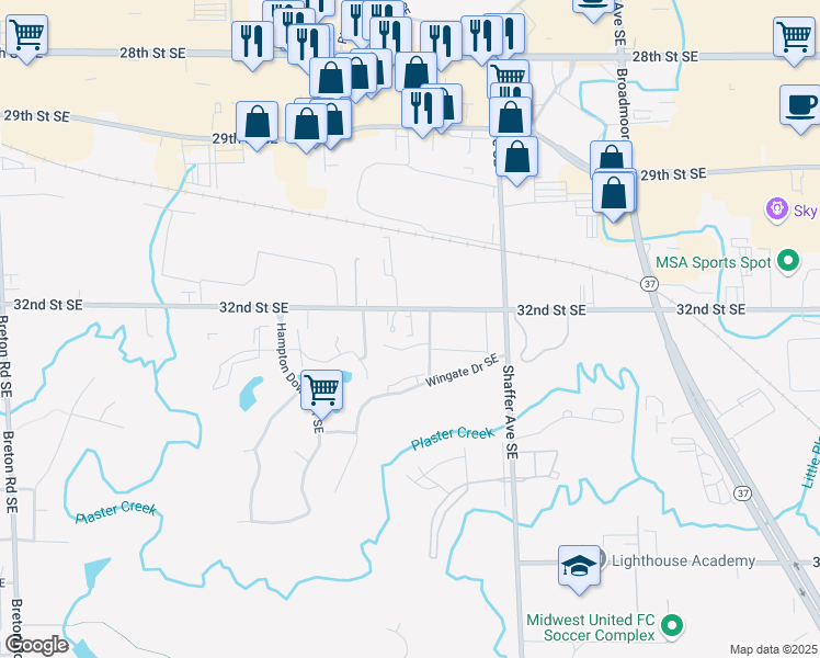map of restaurants, bars, coffee shops, grocery stores, and more near 3221 Coach Lane Southeast in Kentwood