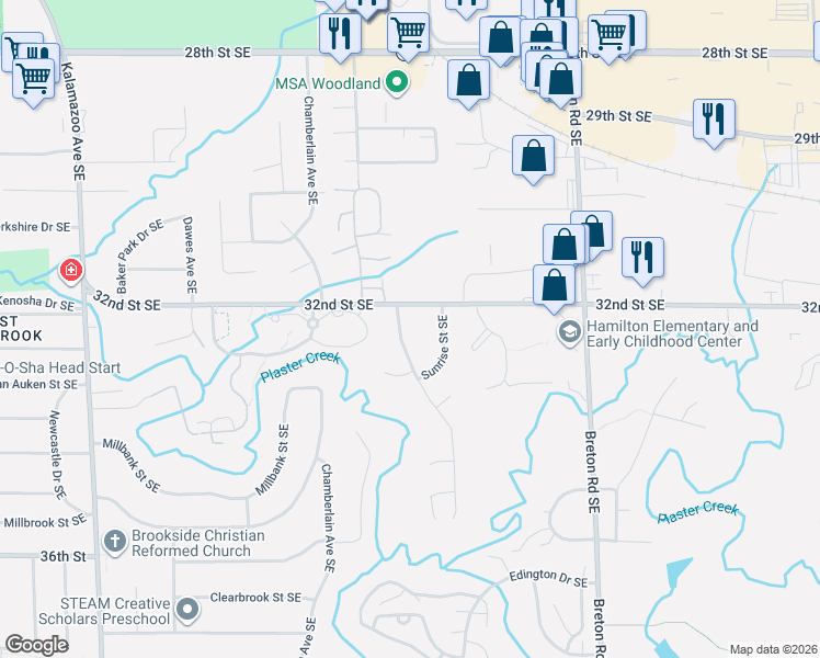 map of restaurants, bars, coffee shops, grocery stores, and more near 3223 Sunrise Street Southeast in Grand Rapids