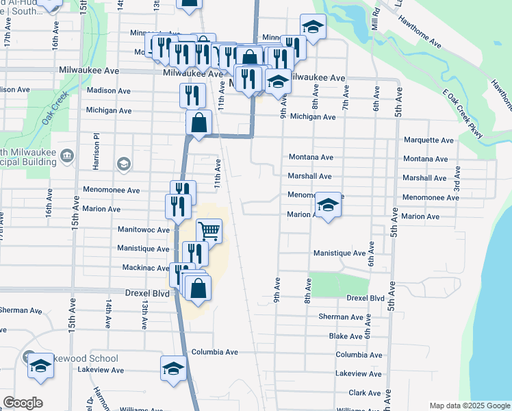 map of restaurants, bars, coffee shops, grocery stores, and more near 2606 9th Avenue in South Milwaukee
