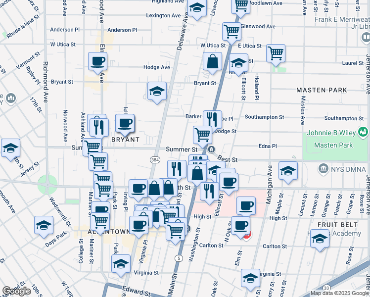 map of restaurants, bars, coffee shops, grocery stores, and more near 46 Summer Hill Court in Buffalo