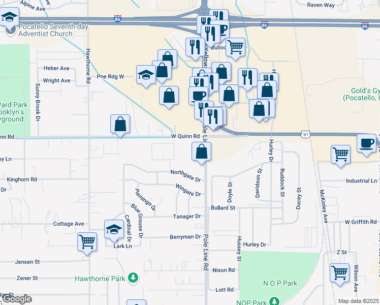 map of restaurants, bars, coffee shops, grocery stores, and more near 3945 Pole Line Road in Pocatello