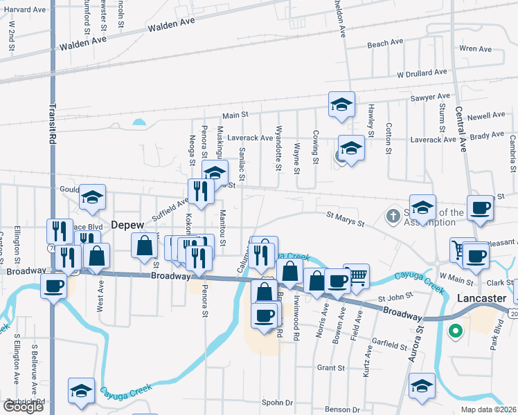 map of restaurants, bars, coffee shops, grocery stores, and more near 120 Calumet Street in Depew