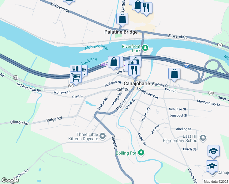 map of restaurants, bars, coffee shops, grocery stores, and more near 25 Walnut Street in Canajoharie