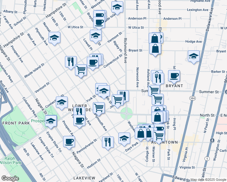 map of restaurants, bars, coffee shops, grocery stores, and more near 33 Ketchum Place in Buffalo