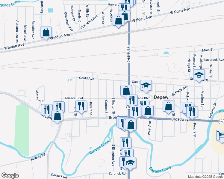 map of restaurants, bars, coffee shops, grocery stores, and more near 355 Ellington Street in Depew