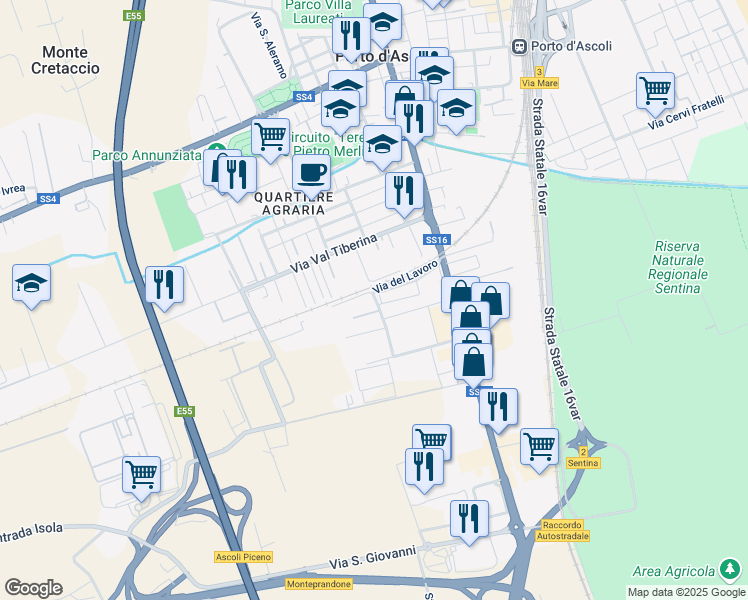 map of restaurants, bars, coffee shops, grocery stores, and more near 27 Via del Lavoro in San Benedetto del Tronto