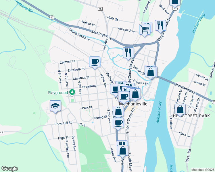 map of restaurants, bars, coffee shops, grocery stores, and more near 300 Park Avenue in Mechanicville