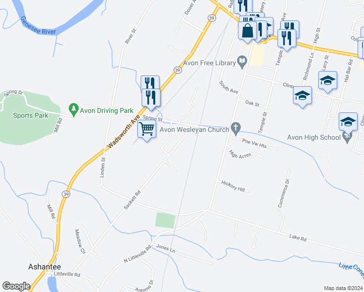 map of restaurants, bars, coffee shops, grocery stores, and more near 158 Sackett Road in Avon
