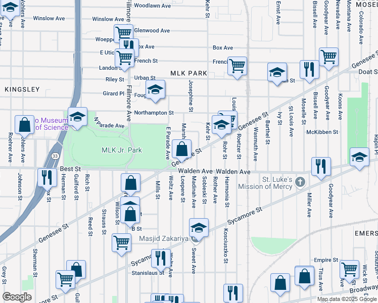 map of restaurants, bars, coffee shops, grocery stores, and more near 1219 Genesee Street in Buffalo