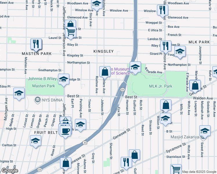map of restaurants, bars, coffee shops, grocery stores, and more near 24 Norway Park in Buffalo