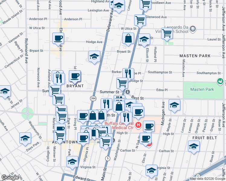 map of restaurants, bars, coffee shops, grocery stores, and more near 46 Summer Hill Lane in Williamsville