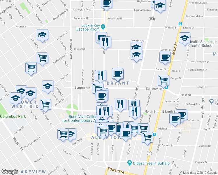 map of restaurants, bars, coffee shops, grocery stores, and more near 200 Summer Street in Buffalo