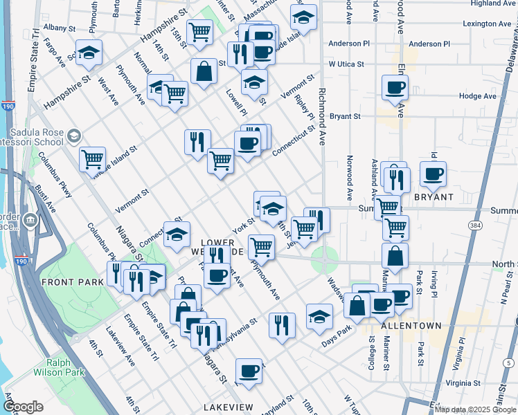 map of restaurants, bars, coffee shops, grocery stores, and more near 80 York Street in Buffalo
