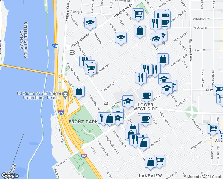 map of restaurants, bars, coffee shops, grocery stores, and more near 655 Prospect Avenue in Buffalo