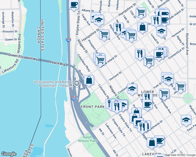map of restaurants, bars, coffee shops, grocery stores, and more near 768 Columbus Parkway in Buffalo