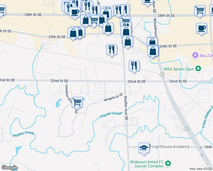 map of restaurants, bars, coffee shops, grocery stores, and more near 3242 Coach Lane Southeast in Kentwood
