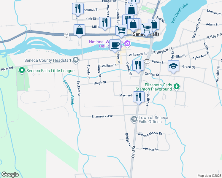 map of restaurants, bars, coffee shops, grocery stores, and more near 6 Seneca Lane in Seneca Falls