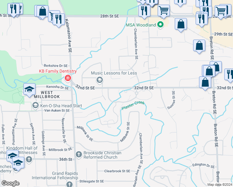 map of restaurants, bars, coffee shops, grocery stores, and more near 1900 32nd Street Southeast in Grand Rapids
