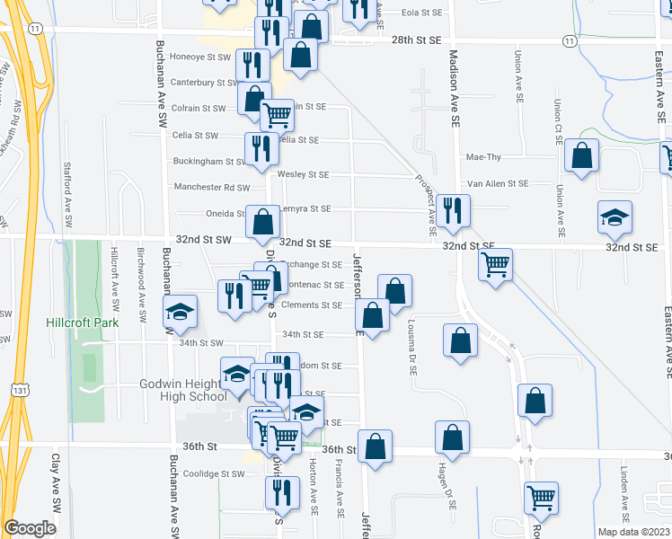 map of restaurants, bars, coffee shops, grocery stores, and more near 136 Exchange Street Southeast in Grand Rapids