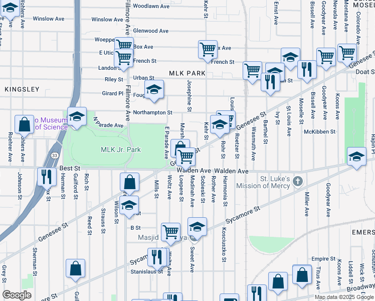 map of restaurants, bars, coffee shops, grocery stores, and more near 1219 Genesee Street in Buffalo
