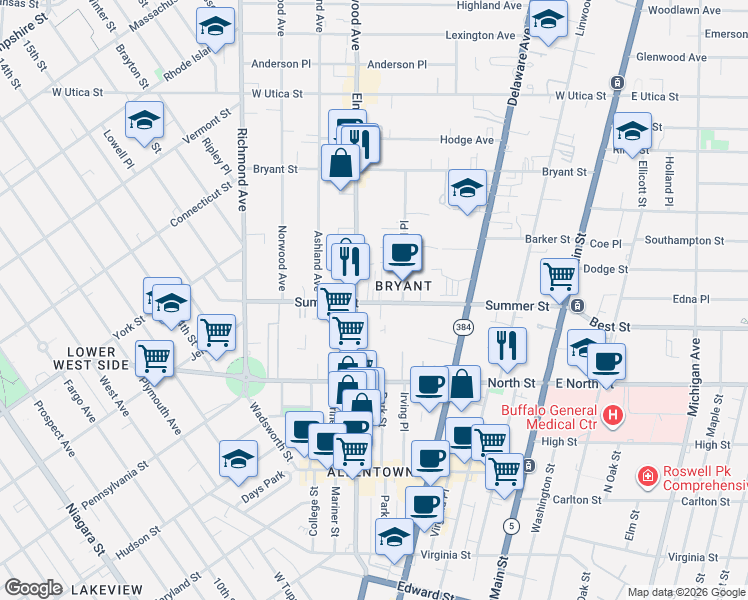 map of restaurants, bars, coffee shops, grocery stores, and more near 200 Summer Street in Buffalo
