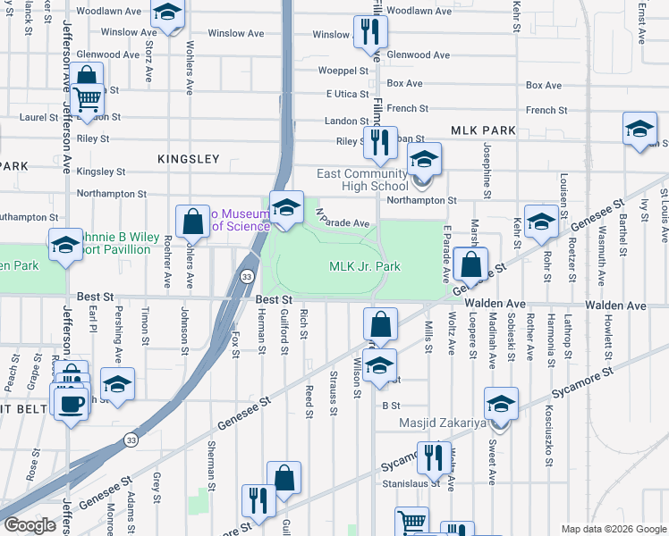 map of restaurants, bars, coffee shops, grocery stores, and more near 175 North Parade Avenue in Buffalo