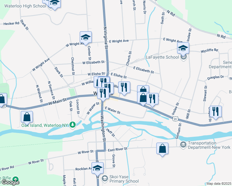 map of restaurants, bars, coffee shops, grocery stores, and more near 35 East Main Street in Waterloo