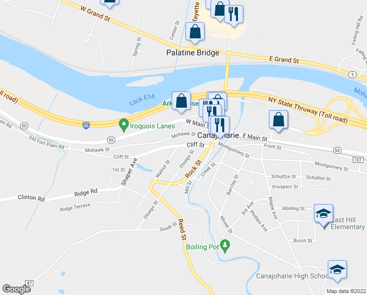 map of restaurants, bars, coffee shops, grocery stores, and more near 47 Cliff Street in Canajoharie