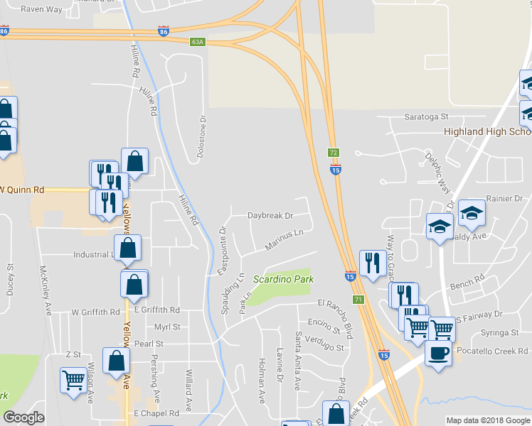 map of restaurants, bars, coffee shops, grocery stores, and more near 784 Daybreak Drive in Pocatello