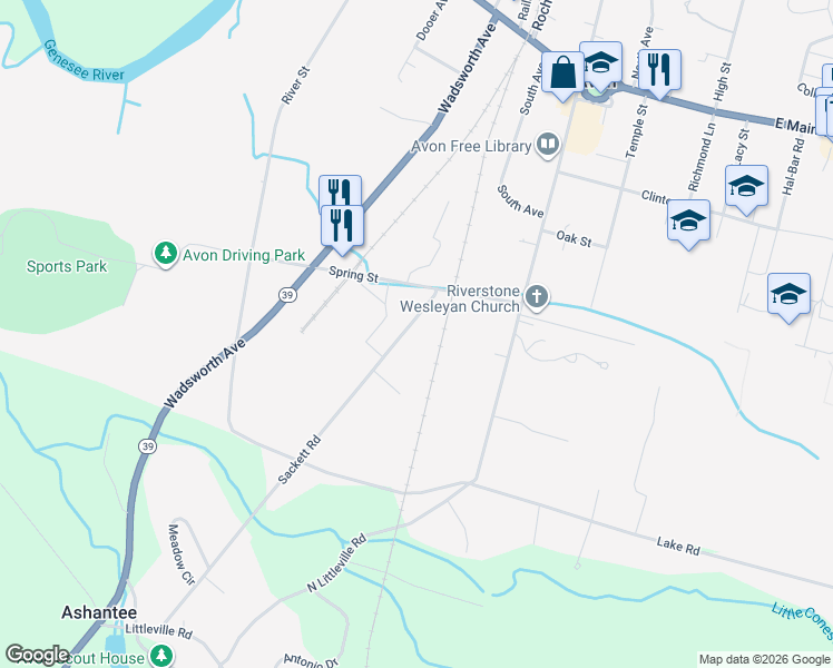 map of restaurants, bars, coffee shops, grocery stores, and more near 158 Sackett Road in Avon