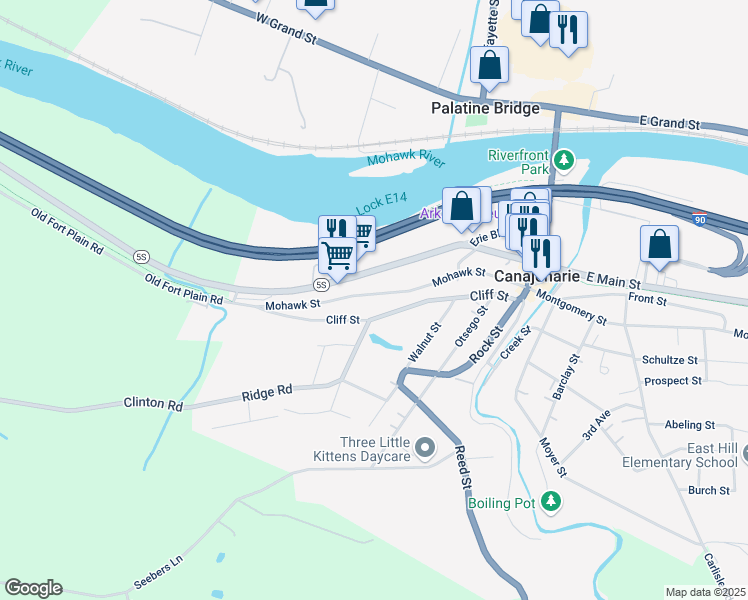 map of restaurants, bars, coffee shops, grocery stores, and more near 122 Cliff Street in Canajoharie