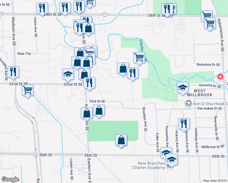 map of restaurants, bars, coffee shops, grocery stores, and more near 933 Lancashire Court Southeast in Grand Rapids