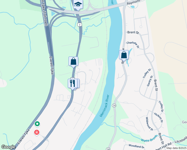 map of restaurants, bars, coffee shops, grocery stores, and more near 2 Kinsman Lane in Merrimack