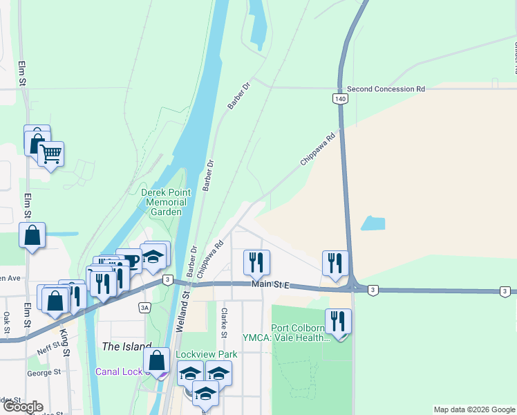 map of restaurants, bars, coffee shops, grocery stores, and more near 173 Chippawa Road in Port Colborne