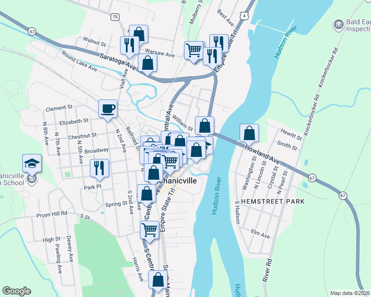 map of restaurants, bars, coffee shops, grocery stores, and more near 54 North Main Street in Mechanicville