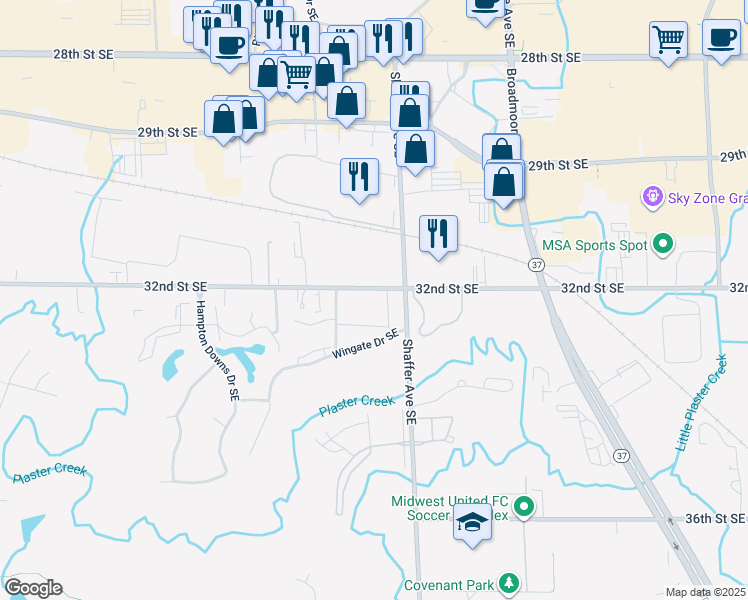 map of restaurants, bars, coffee shops, grocery stores, and more near 3130 32nd Street Southeast in Kentwood