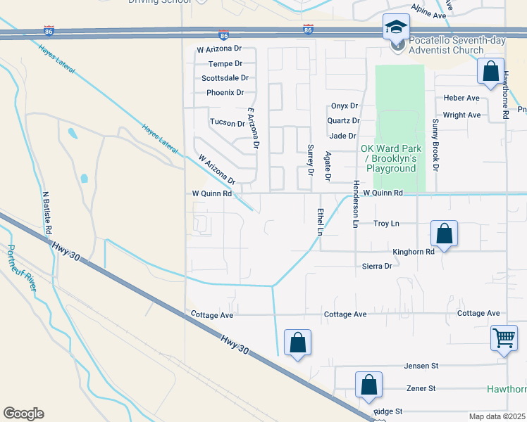 map of restaurants, bars, coffee shops, grocery stores, and more near 1785 West Quinn Road in Pocatello