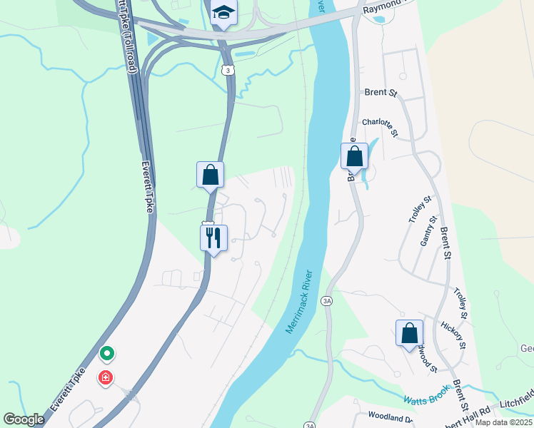 map of restaurants, bars, coffee shops, grocery stores, and more near 2 Kinsman Lane in Merrimack