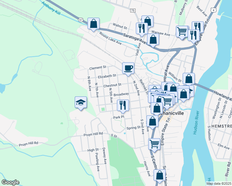 map of restaurants, bars, coffee shops, grocery stores, and more near 615 Broadway in Mechanicville
